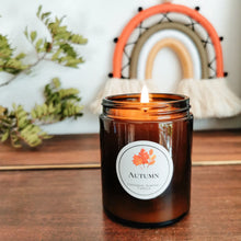 Load image into Gallery viewer, Lit candle in amber jar, hanging rainbow in background